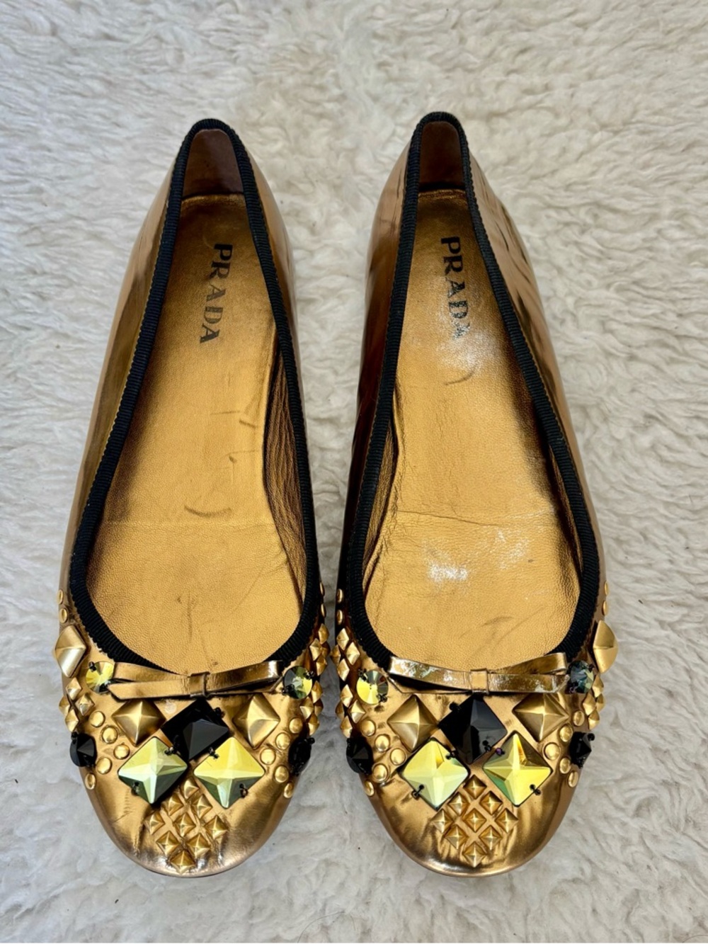 Prada Gold Metallic Embellished Jeweled Ballet Flats size EU 38.5  US 8 - Picture 5 of 12